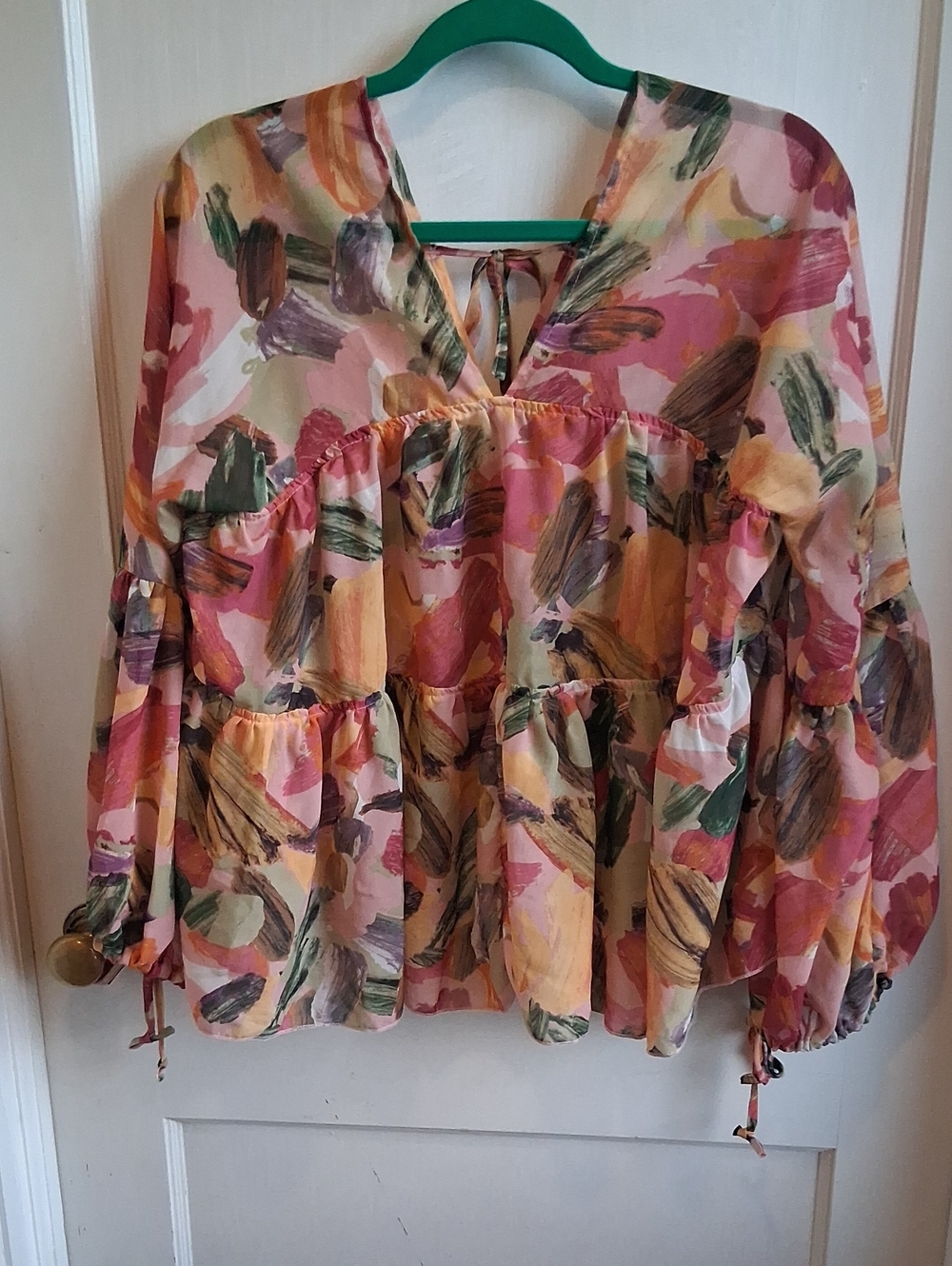 SHEIN Multi-Color Brushstroke Tiered Peasant Top